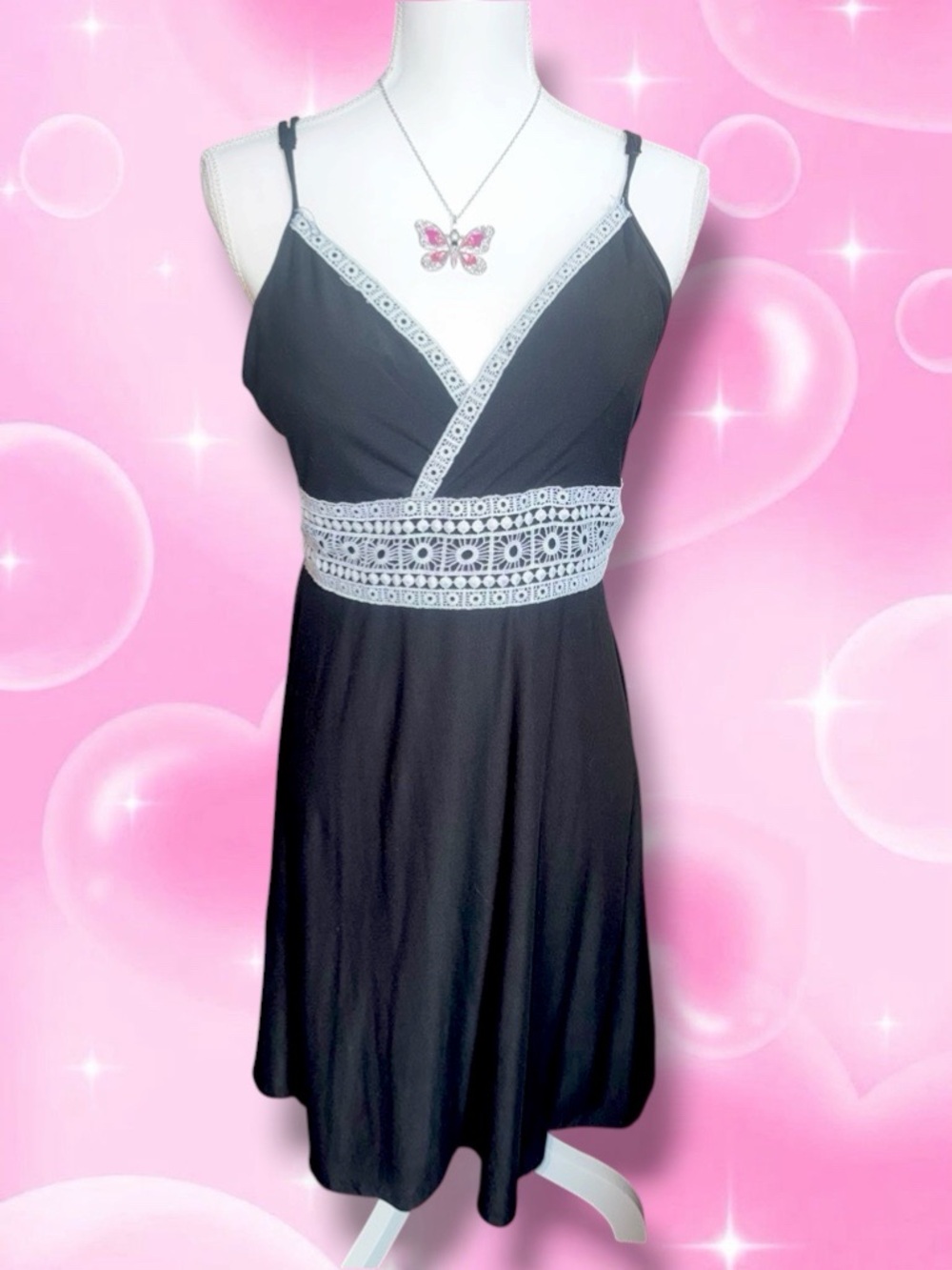 Vintage Mudd Y2K Black Mini Dress with White Lace Trim